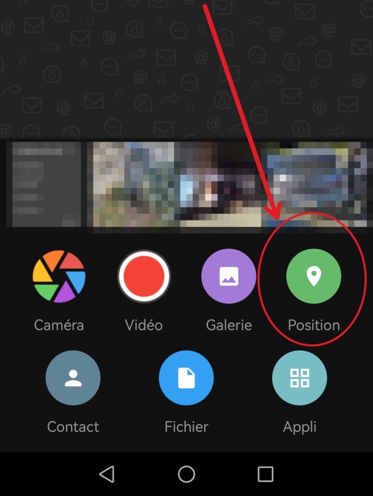 Option de partage de position dans le menu de Delta Chat