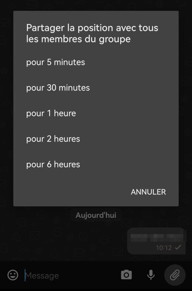 Fenêtre du choix de la durée de partage de position, entre 5 minutes et 6 heures