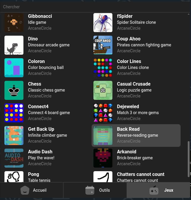 Menu des jeux et applications dans Delta Chat